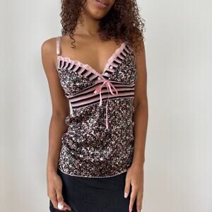 Vintage Euro floral + stripe satin knit camisole top (S/M)